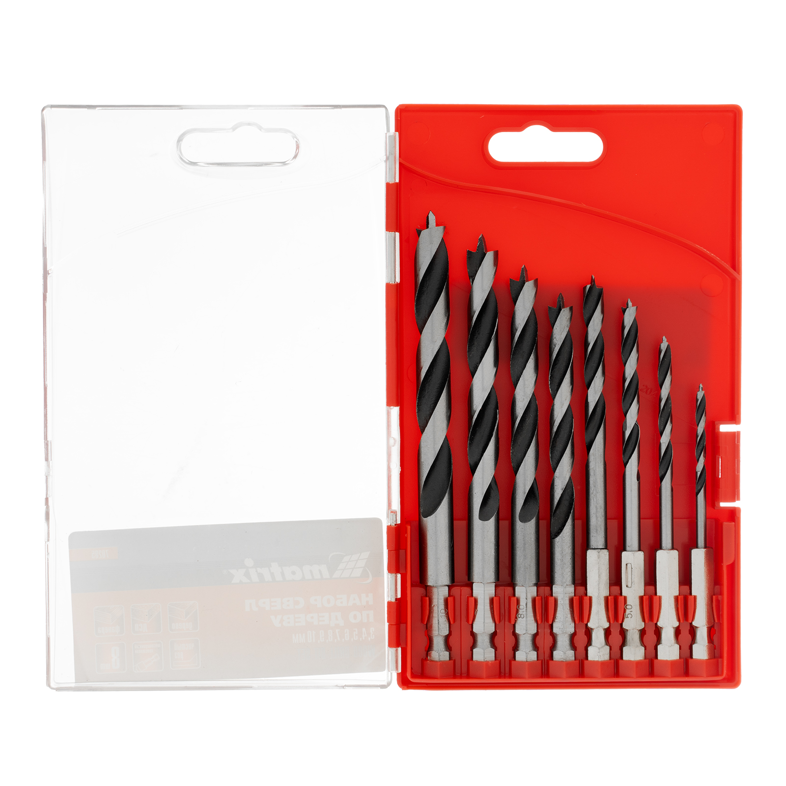 Набор свёрел по дереву, 3-4-5-6-7-8-9-10 мм, 8 шт, шестигранный хвостовик, пластиковый кейс,