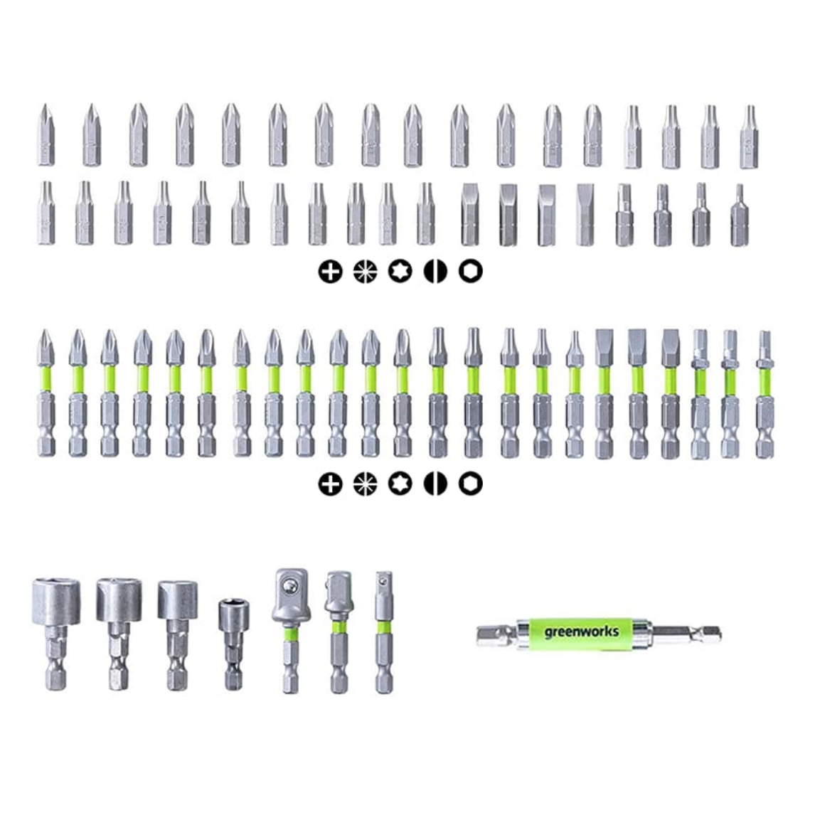 Набор бит, торцевых головок и адаптеров Greenworks 2944407 (70 шт.), в кейсе